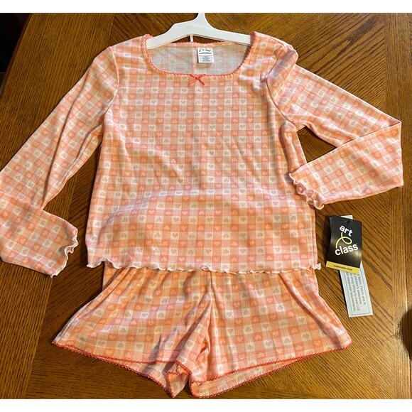 NWT Coral Heart Checkered Girl’s Size Large (10/12) Long Sleeve & Shorts Pajamas - Picture 1 of 5